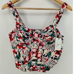 NWT Japna Womens Floral Print Bustier Smocked Crop Top Pink Black Medium